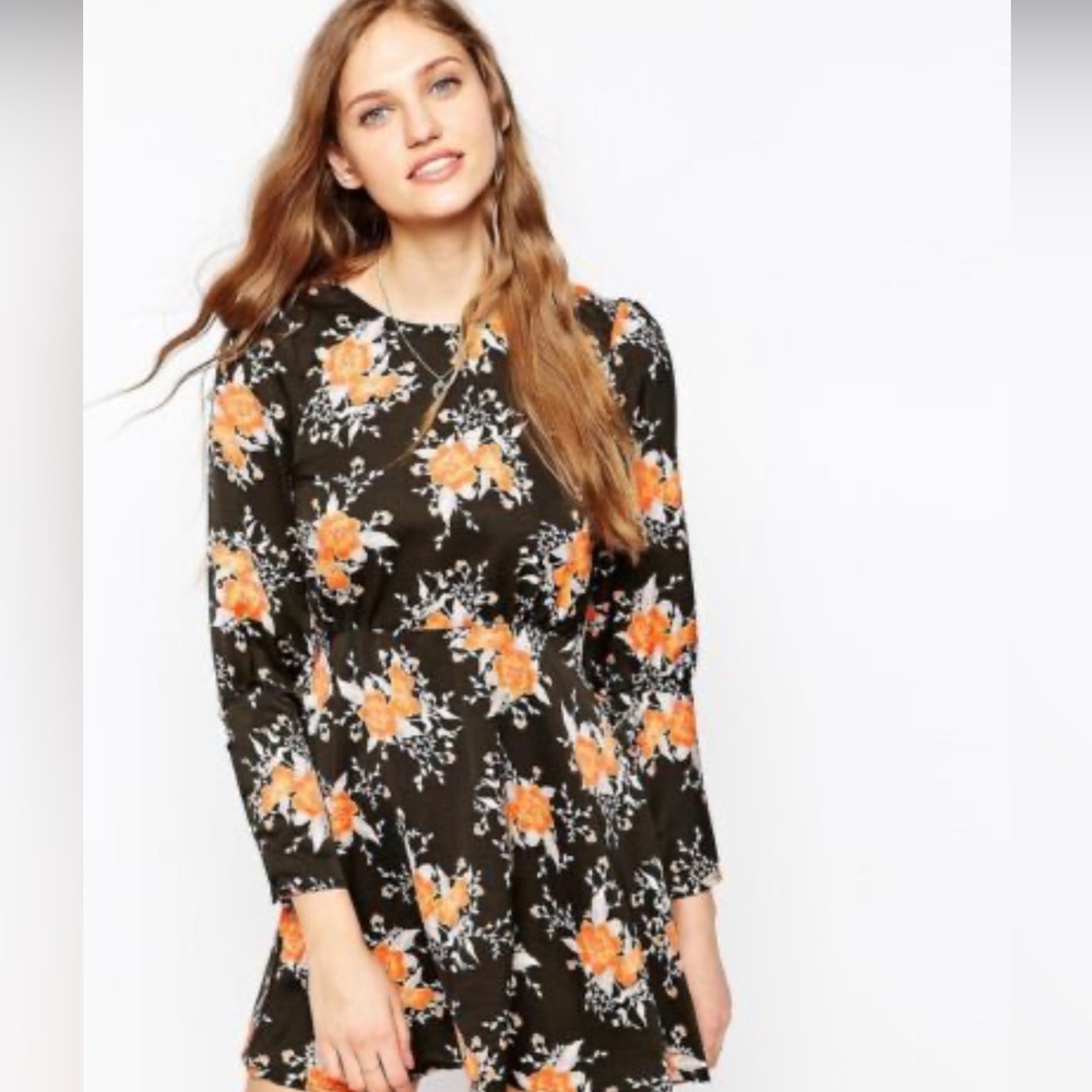 Free People Parker Dress Black Orange Floral Long Sleeve Button Back
